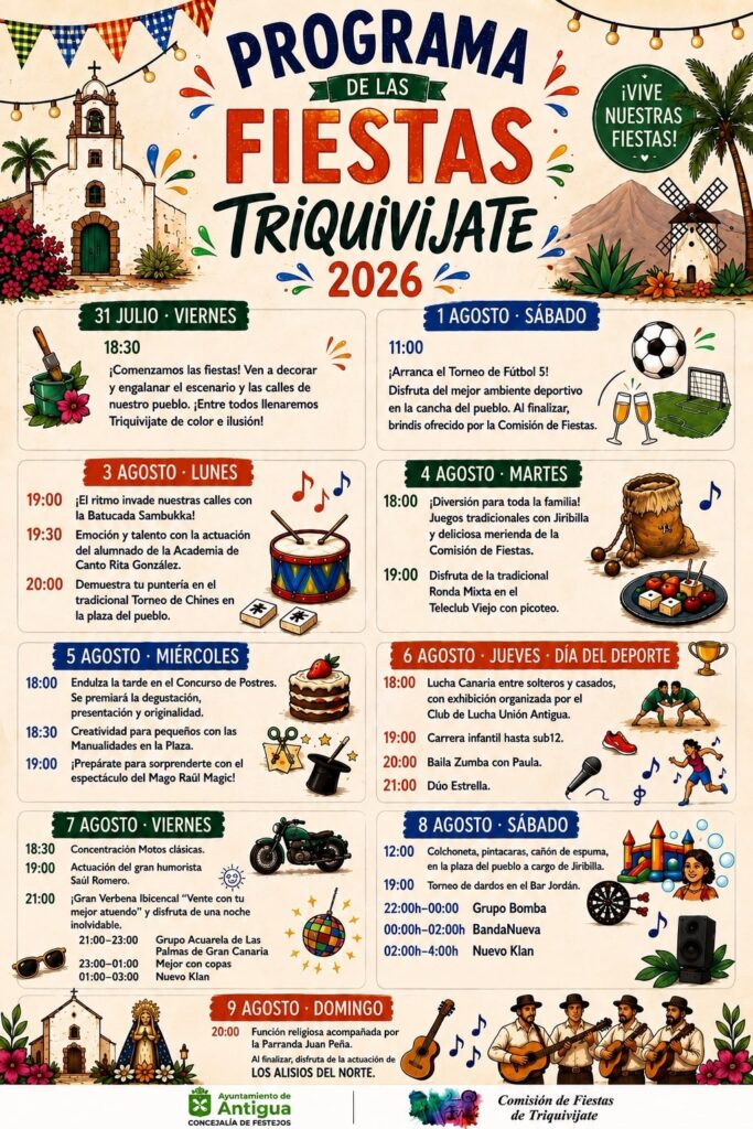 El Ayuntamiento de Antigua anuncia el programa de las fiestas de agosto en Triquivijate